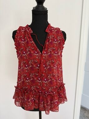 Ulla Johnson Red Floral Tassel Ruffle Sleeveless Blouse